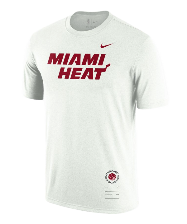 White Nike t-shirt with red Miami HEAT wordmark and red Nike swoosh on chest. - Nike Miami HEAT Wordmark Essential Tee