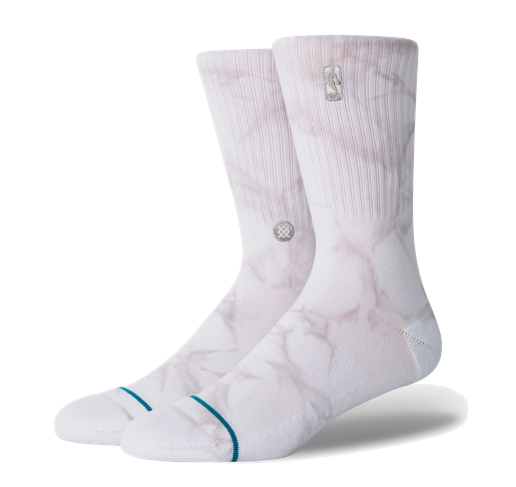 White Miami HEAT Stance NBA Logoman Dye Crew Socks with subtle marble pattern and teal accent stripes on toes. - Stance NBA Logoman Dye Crew Socks