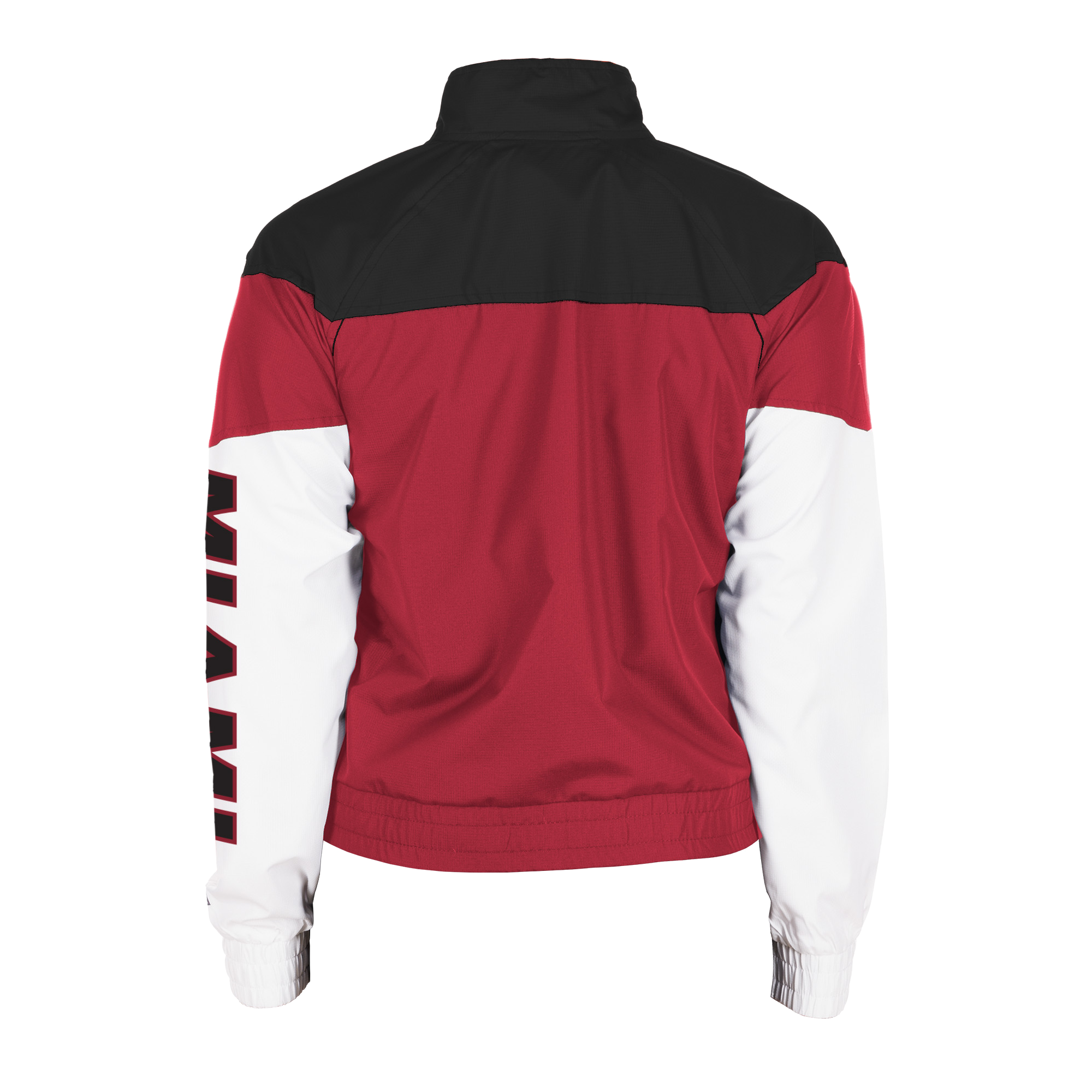 Women's full-zip Miami HEAT windbreaker in red with black yoke and white sleeves, 