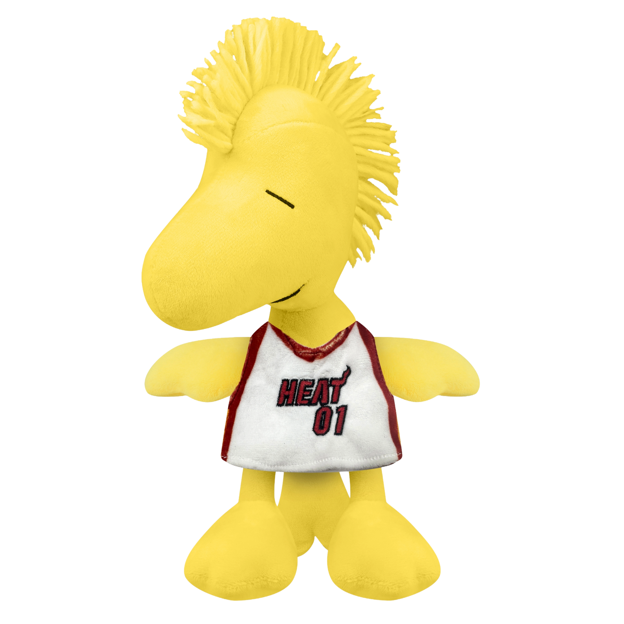 The Forever Collectibles Miami HEAT Woodstock Jersey Plush features yellow plush with spiky hair and a white HEAT 01 basketball jersey. Made of soft polyester fiber, it's perfect for kids ages 3 and up.
