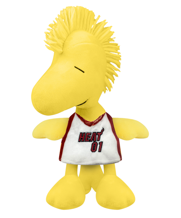 The Forever Collectibles Miami HEAT Woodstock Jersey Plush features yellow plush with spiky hair and a white HEAT 01 basketball jersey. Made of soft polyester fiber, it's perfect for kids ages 3 and up.
