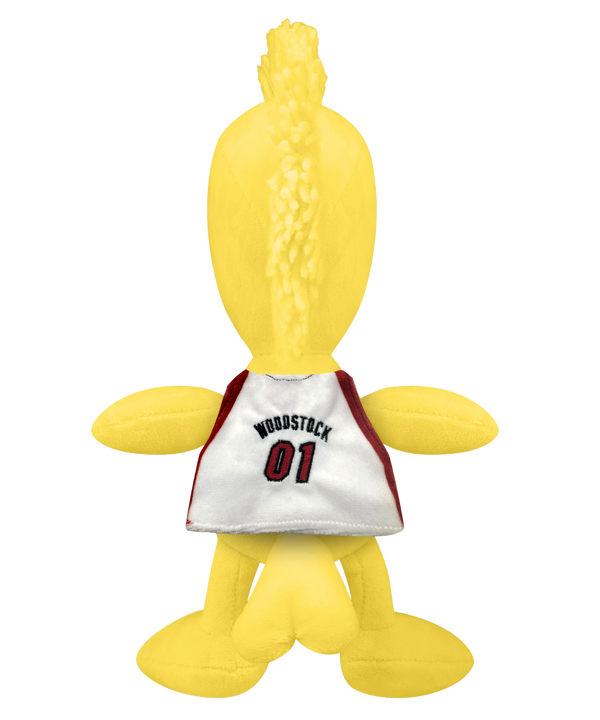 The Forever Collectibles Miami HEAT Woodstock Jersey Plush features yellow plush with spiky hair and a white HEAT 01 basketball jersey. Made of soft polyester fiber, it's perfect for kids ages 3 and up.