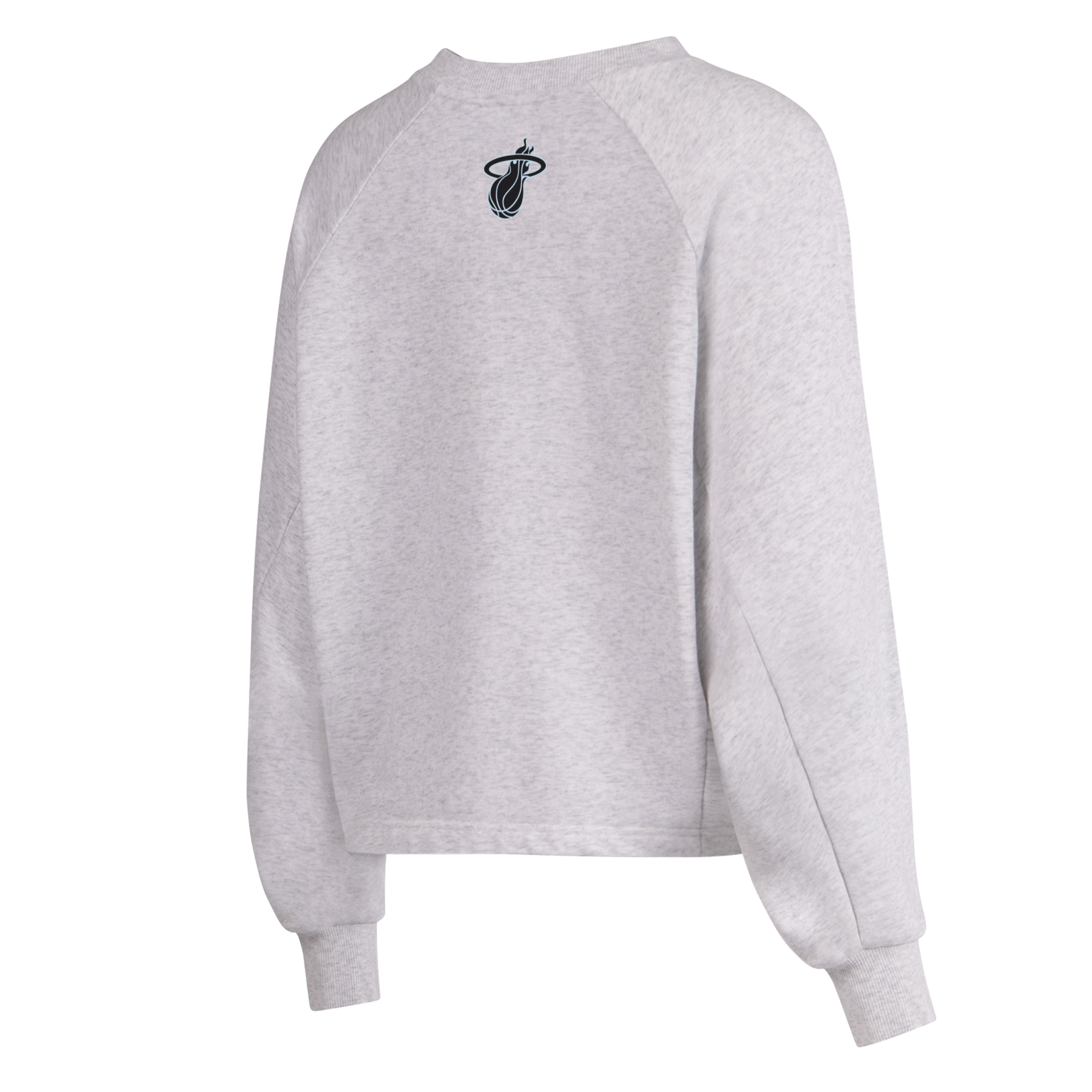 The G-III Sports Miami HEAT Faceoff Women's Crewneck features a small black and white team logo near the back neckline. This light gray, cotton-polyester sweatshirt offers a relaxed fit and is easy to care for—machine wash cold.