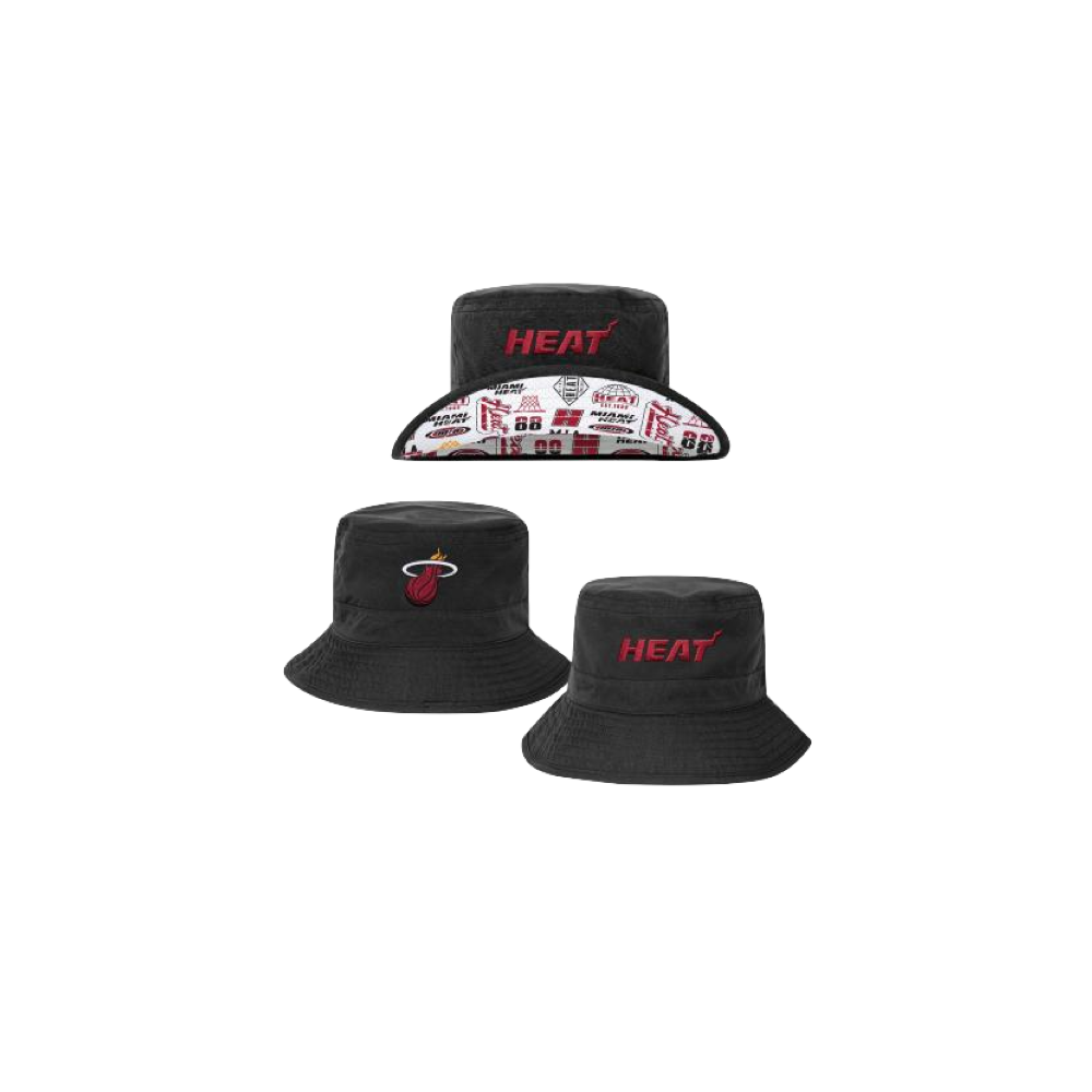 Take a look at the Miami HEAT Allover Reversible Youth Bucket Hat by Outerstuff: shown in three views—a front view with the Heat logo, a back view featuring another Heat logo, and an interior displaying bold red and white team graphics and logos. Made from polyester, this easy-to-spot-clean hat features a one-size-fits-most design.