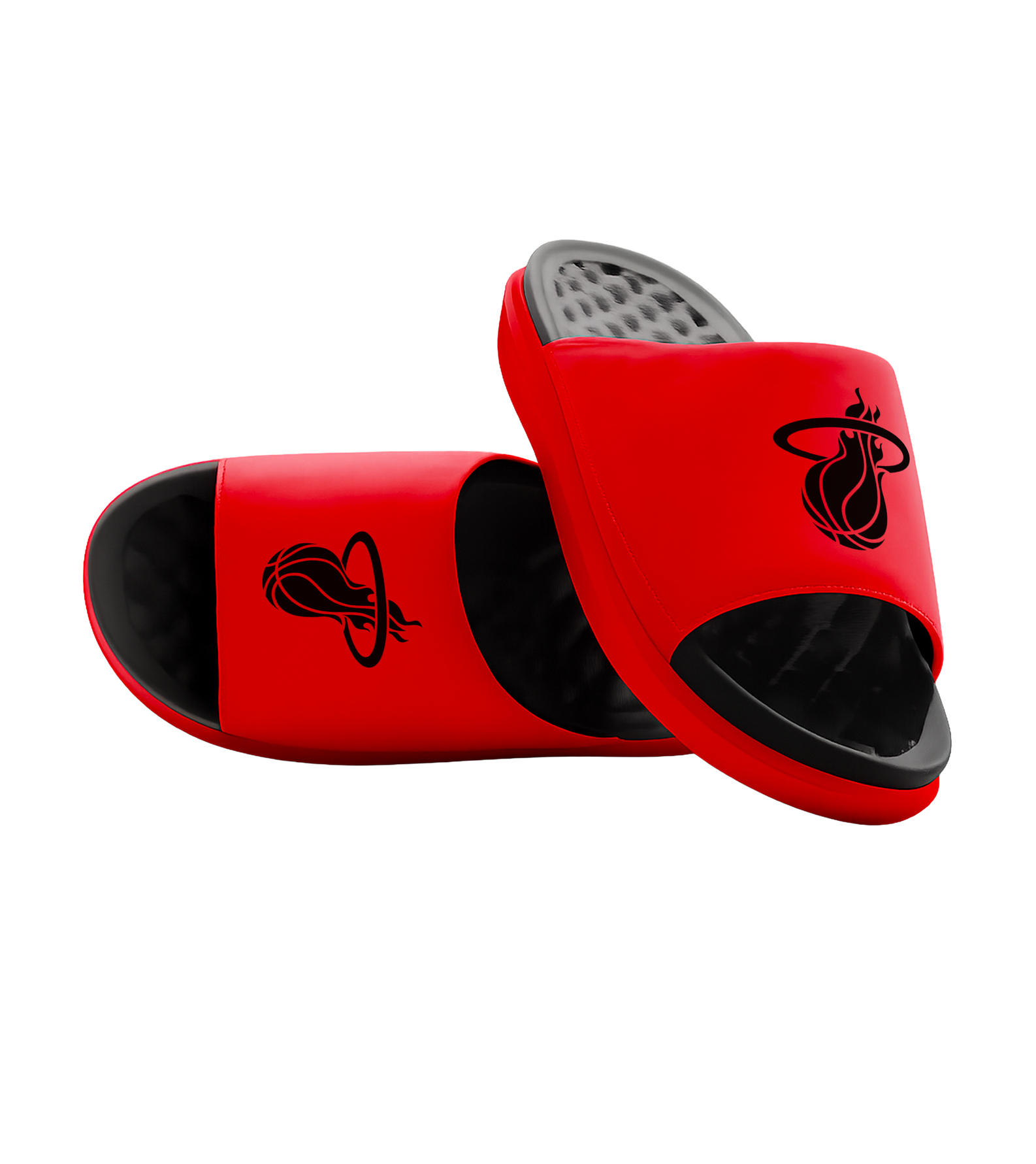 ISlide Miami HEAT Logo Red Sandals featuring a black basketball and flame logo on the strap and a massaging footbed.