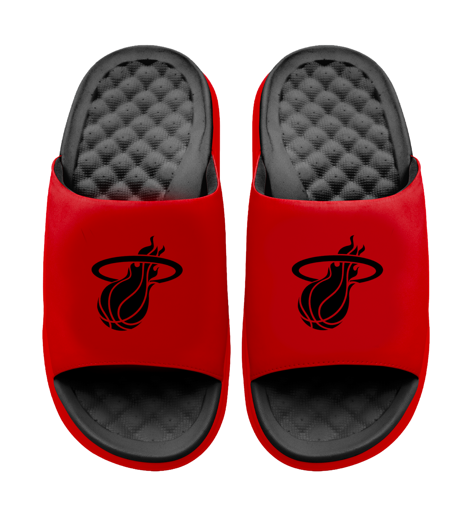 ISlide Miami HEAT Logo Red Sandals featuring black textured RPL+ technology footbeds and a black basketball flame logo on the straps.