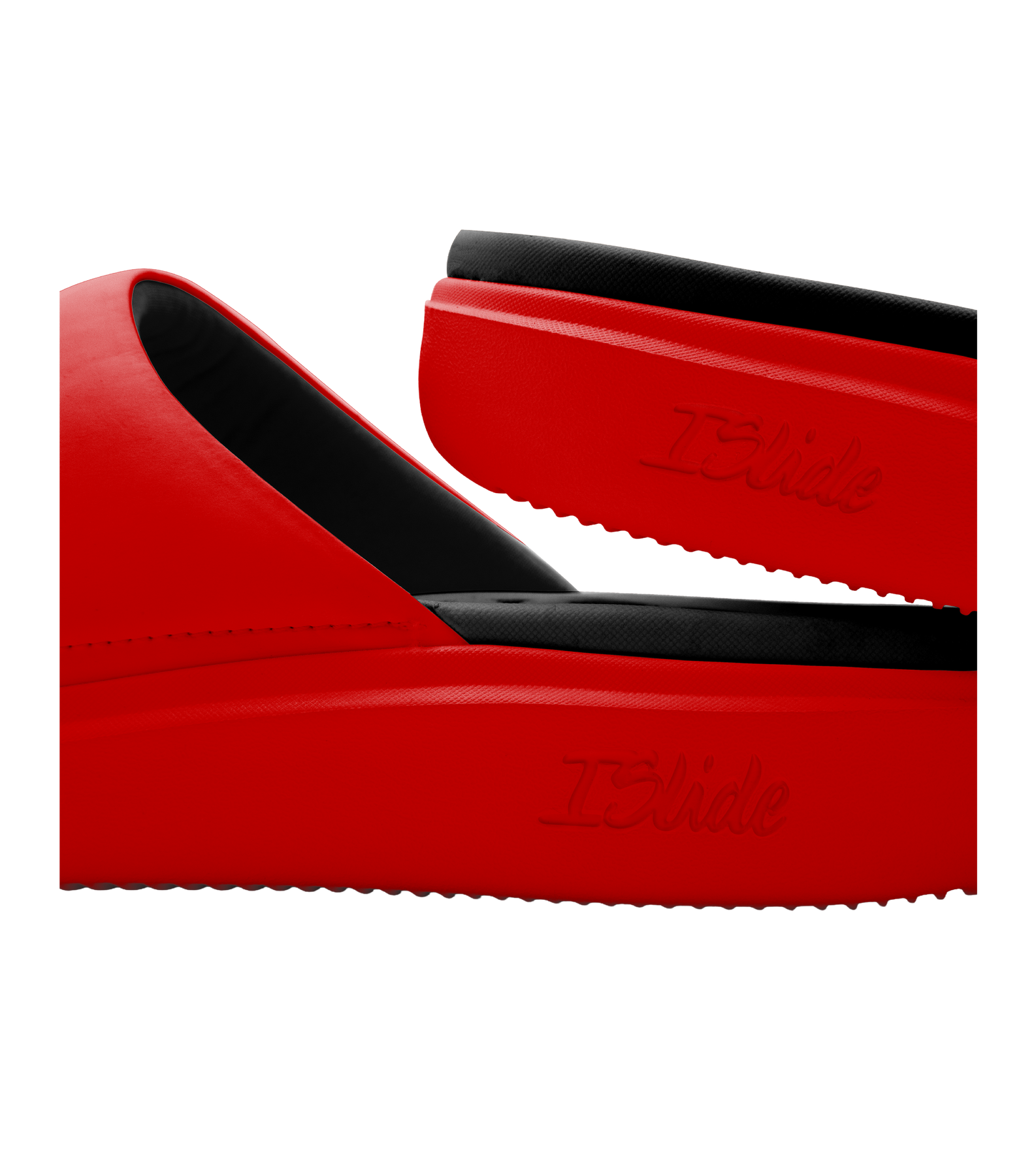 ISlide Miami HEAT Logo Red Sandals in bright red, featuring black massaging footbeds and RPL+ technology.