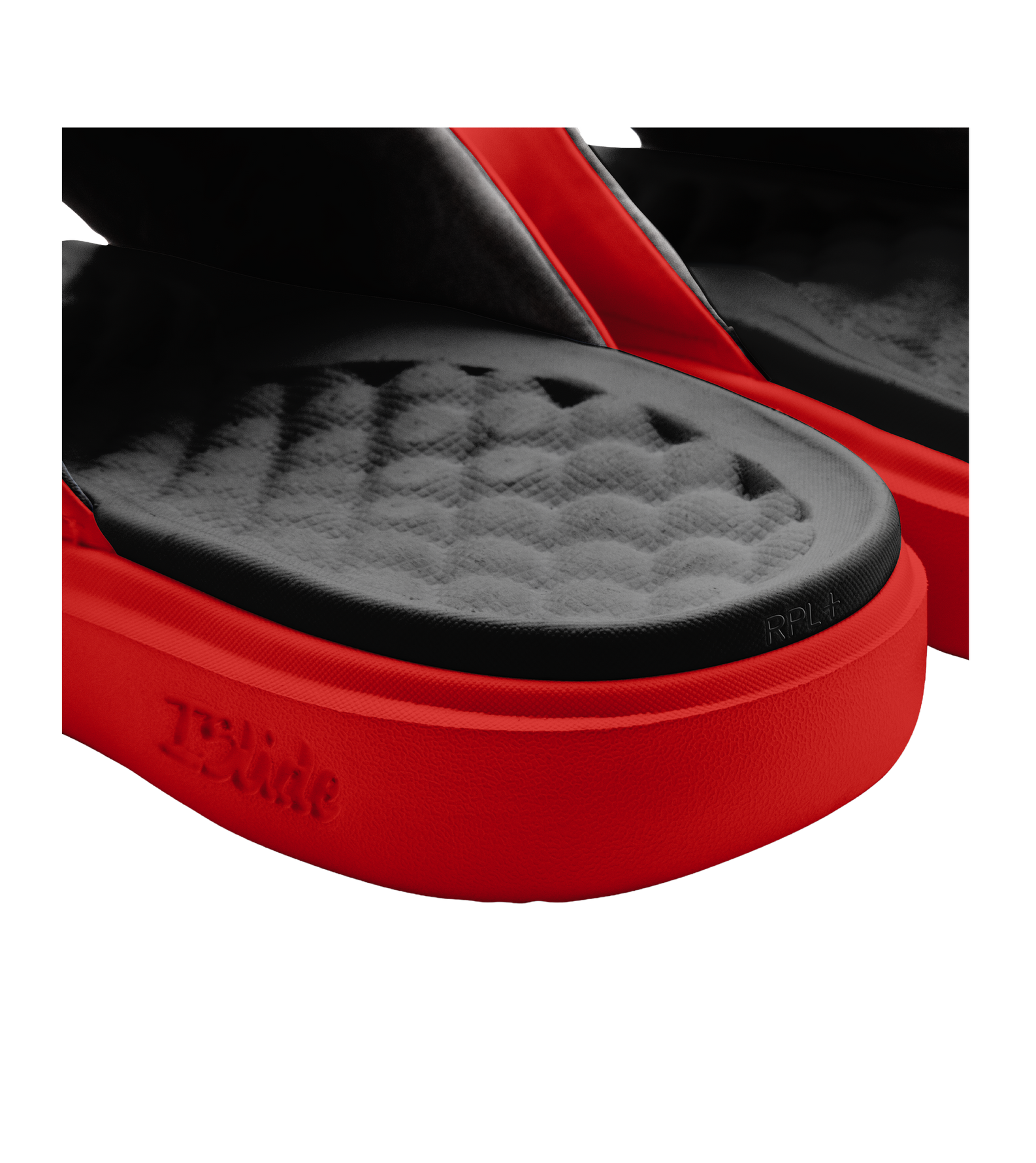 ISlide Miami HEAT Logo Red Sandals with textured black, massaging footbeds and embossed branding on the sides.