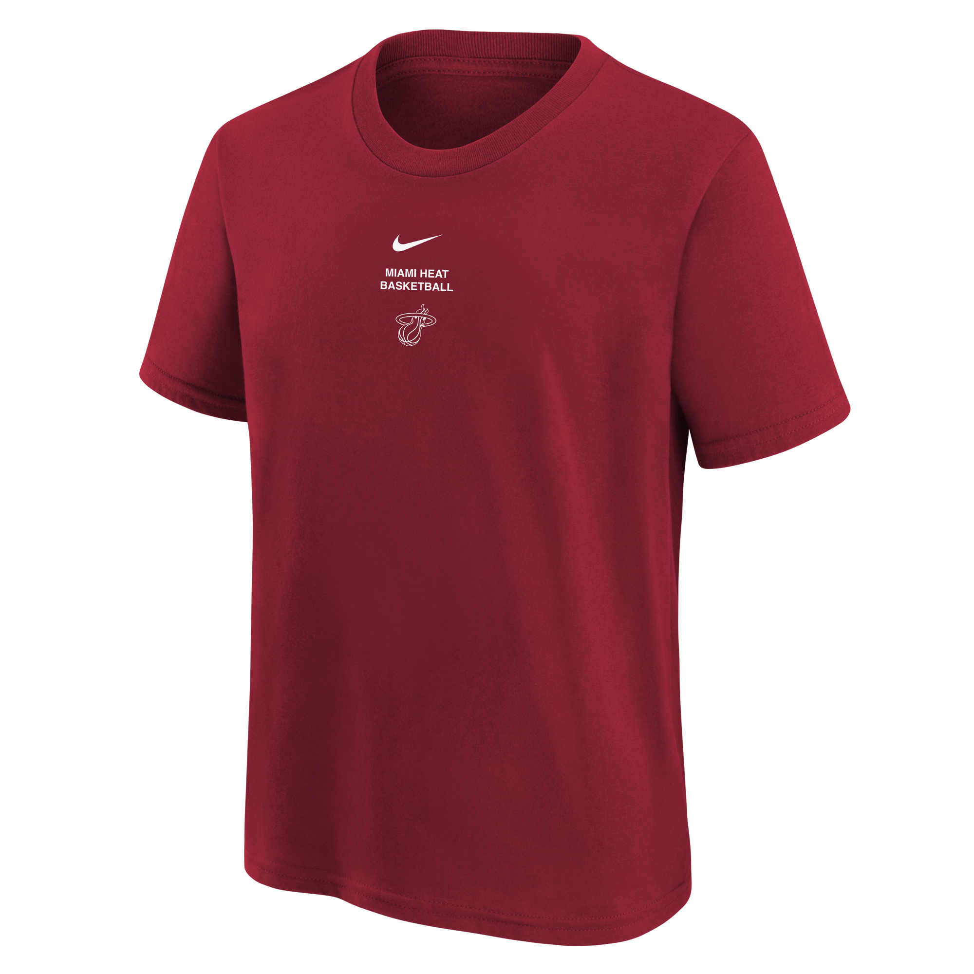 The Nike Miami HEAT 2026-27 Red Practice Youth Tee features the Miami Heat Basketball logo and white text centered on the chest. Made by Nike from 100% cotton, this standard fit youth t-shirt includes short sleeves and a crew neckline. For best care, machine wash on gentle cycle.