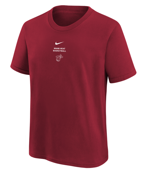 The Nike Miami HEAT 2026-27 Red Practice Youth Tee features the Miami Heat Basketball logo and white text centered on the chest. Made by Nike from 100% cotton, this standard fit youth t-shirt includes short sleeves and a crew neckline. For best care, machine wash on gentle cycle.