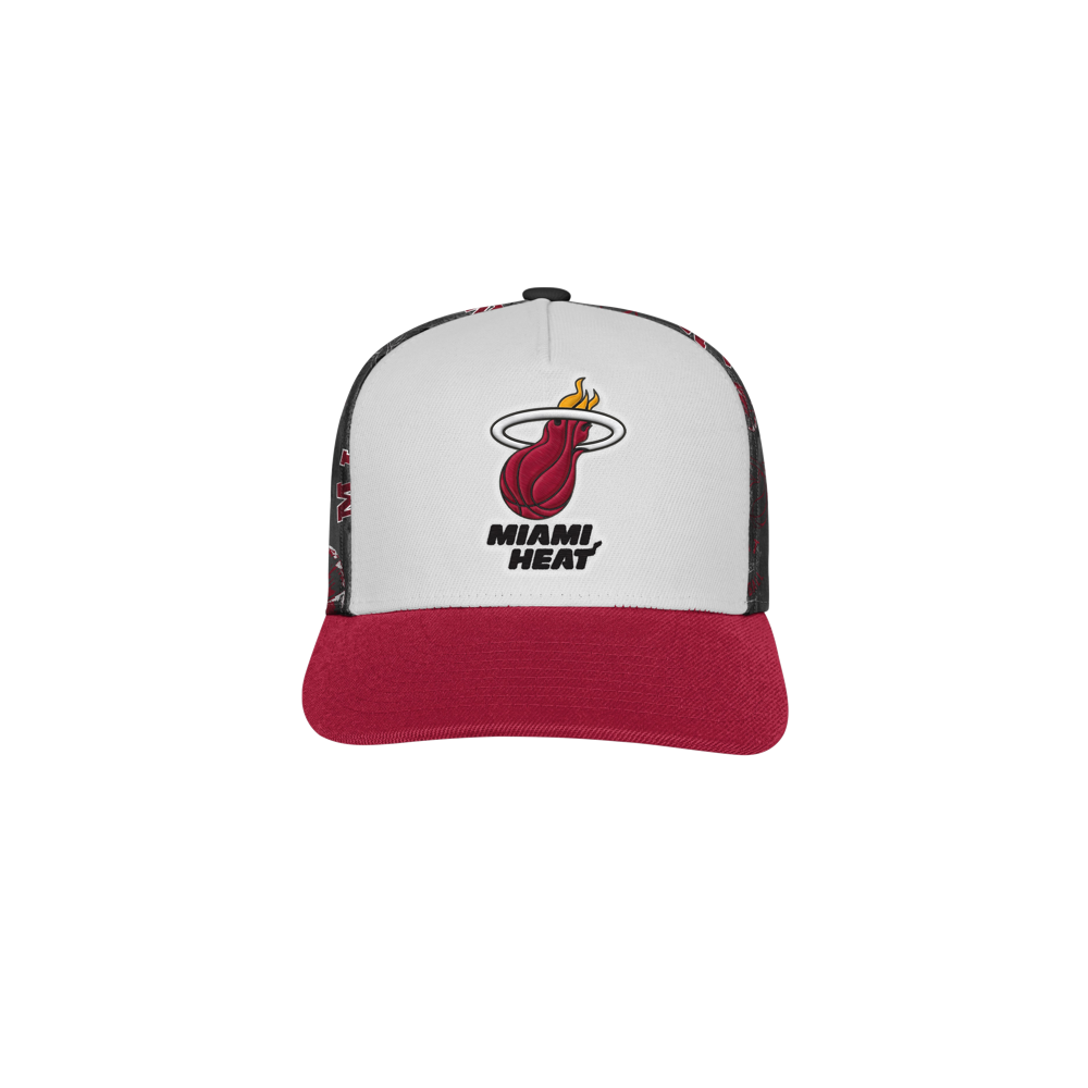 The Outerstuff Miami HEAT Youth Hoop Snapback is a white and red polyester cap with the team logo on the front, red brim, black sides, and adjustable fit. Spot clean for best care.