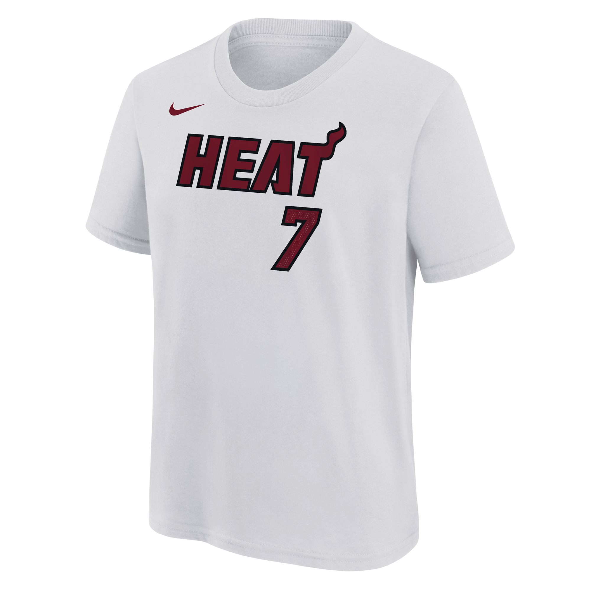 The Giannis Antetokounmpo NIKE Miami HEAT Association White Name & Number Youth Tee by Nike is a white, short-sleeve cotton t-shirt showcasing “HEAT” in bold maroon and black lettering across the chest, with a maroon number 7 underneath and a maroon Nike logo on the left shoulder. Featuring durable screen print graphics, this comfortable tee is also machine washable for easy care.