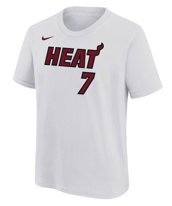 The Giannis Antetokounmpo NIKE Miami HEAT Association White Name & Number Youth Tee by Nike is a white, short-sleeve cotton t-shirt showcasing “HEAT” in bold maroon and black lettering across the chest, with a maroon number 7 underneath and a maroon Nike logo on the left shoulder. Featuring durable screen print graphics, this comfortable tee is also machine washable for easy care.