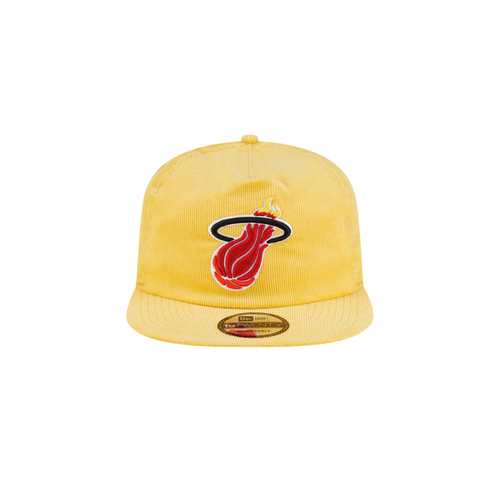 Yellow cotton Court Culture x New Era Sunshine snapback hat featuring a Miami Heat basketball logo on the front.