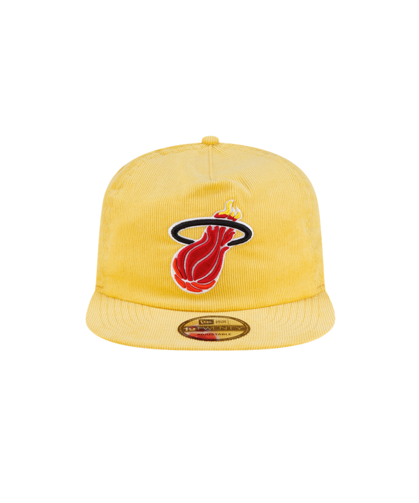 Yellow cotton Court Culture x New Era Sunshine snapback hat featuring a Miami Heat basketball logo on the front.