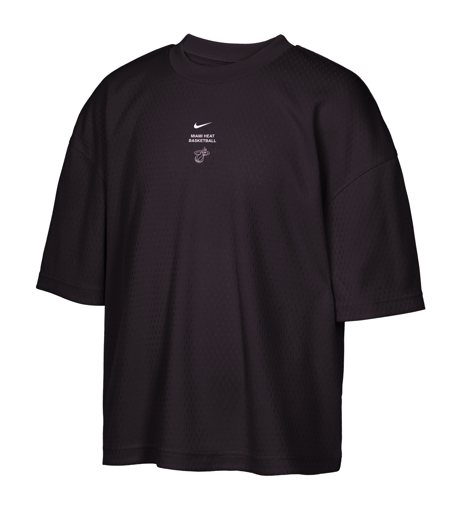 Nike Miami HEAT Standard Issue Logo Game Youth Tee by Nike displayed on a white background, featuring a small white Nike logo and text reading MADE TRUE BASKETBALL with an additional small graphic below the text. Crafted in a standard fit from soft polyester fabric, this youth tee can be tumble dried low for easy care.