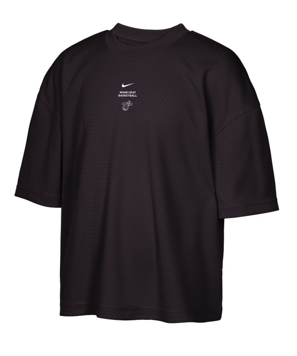 Nike Miami HEAT Standard Issue Logo Game Youth Tee by Nike displayed on a white background, featuring a small white Nike logo and text reading MADE TRUE BASKETBALL with an additional small graphic below the text. Crafted in a standard fit from soft polyester fabric, this youth tee can be tumble dried low for easy care.