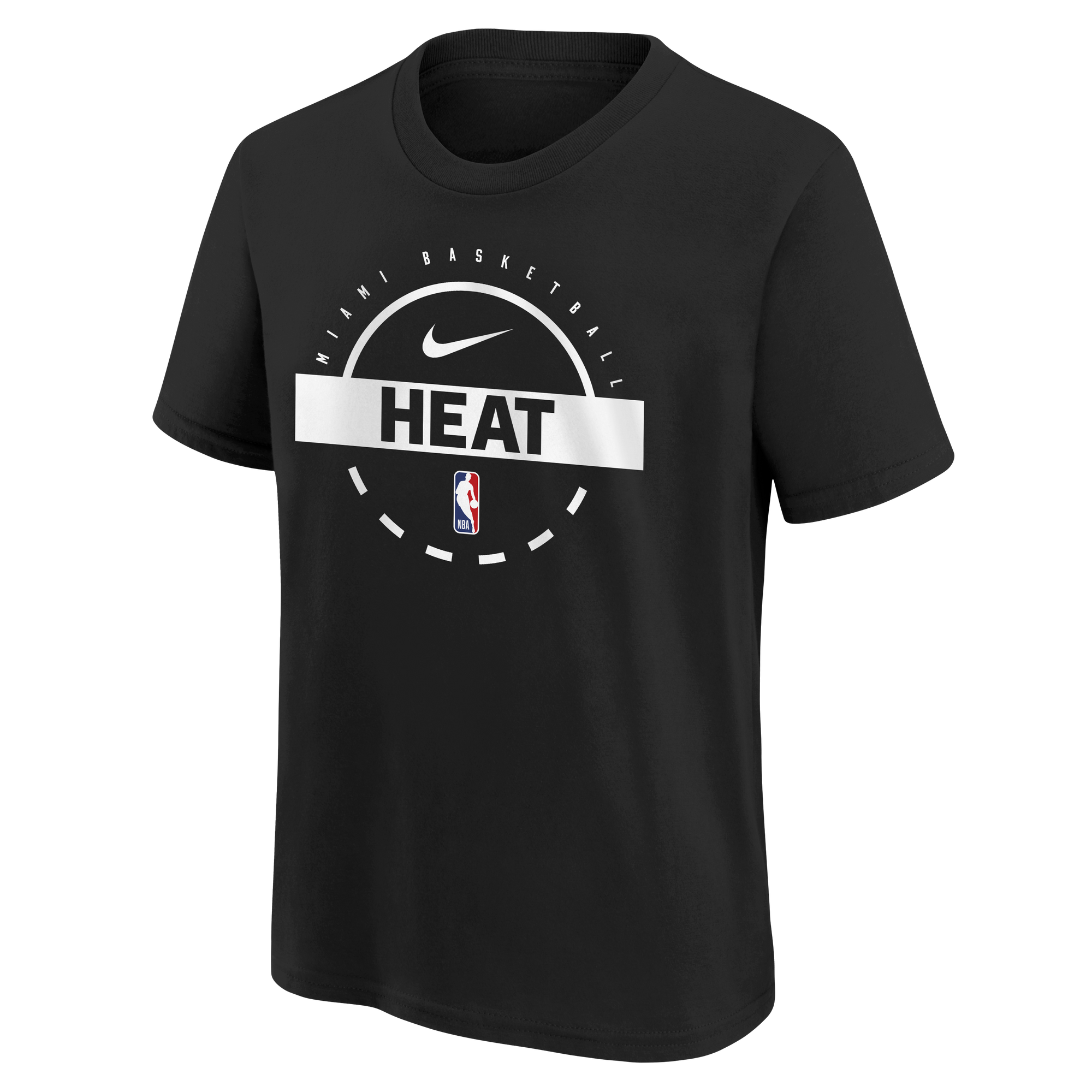 Black youth short-sleeve tee with white Nike swoosh and Miami HEAT logo on front. - Nike Miami HEAT 2025-26 On-Court Practice Youth Tee