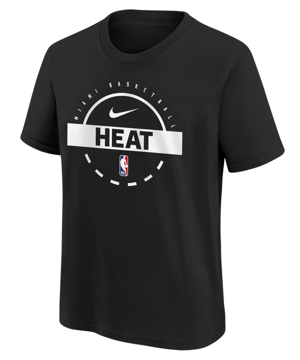 Black youth short-sleeve tee with white Nike swoosh and Miami HEAT logo on front. - Nike Miami HEAT 2025-26 On-Court Practice Youth Tee
