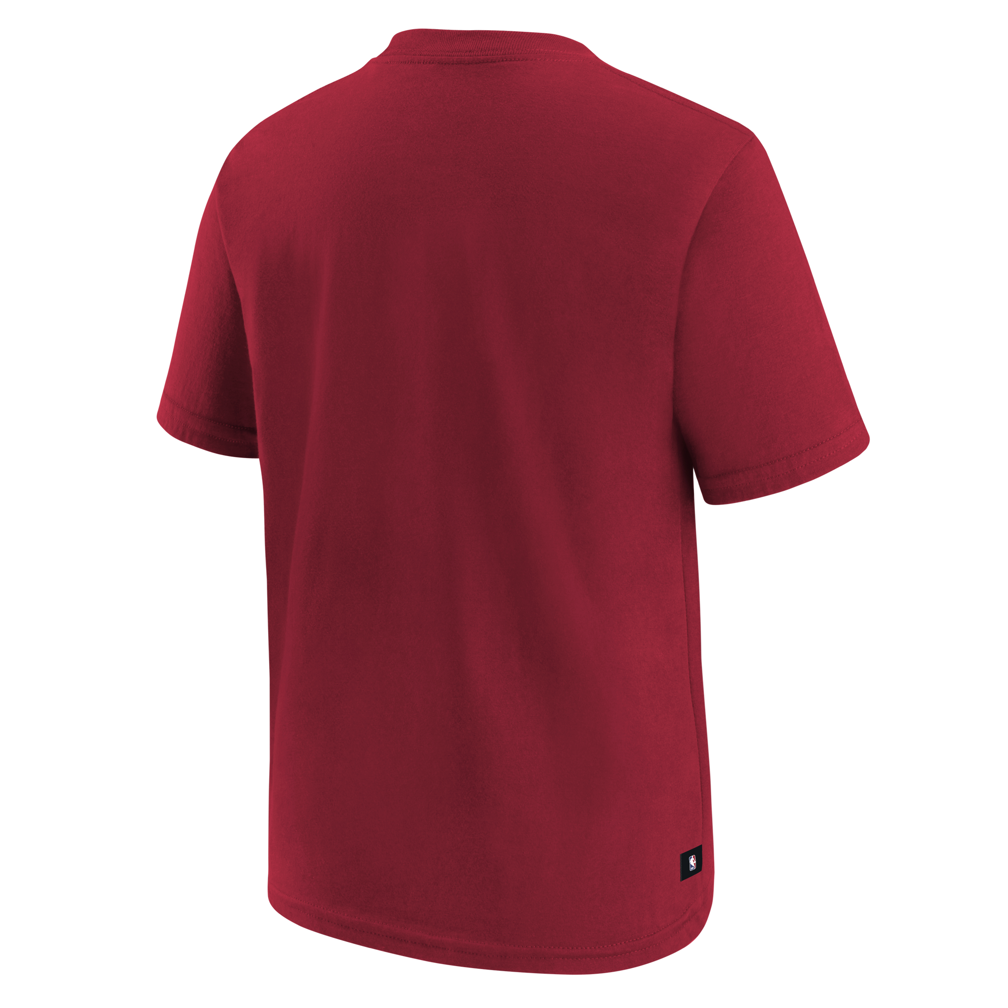 The Nike Miami HEAT 2026-27 Red Practice Youth Tee, a short-sleeved T-shirt made from 100% cotton, is shown from the back on a white background with a small black tag near the bottom hem.
