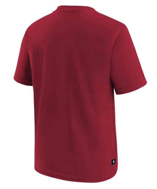 The Nike Miami HEAT 2026-27 Red Practice Youth Tee features the Miami Heat Basketball logo and white text centered on the chest. Made by Nike from 100% cotton, this standard fit youth t-shirt includes short sleeves and a crew neckline. For best care, machine wash on gentle cycle.