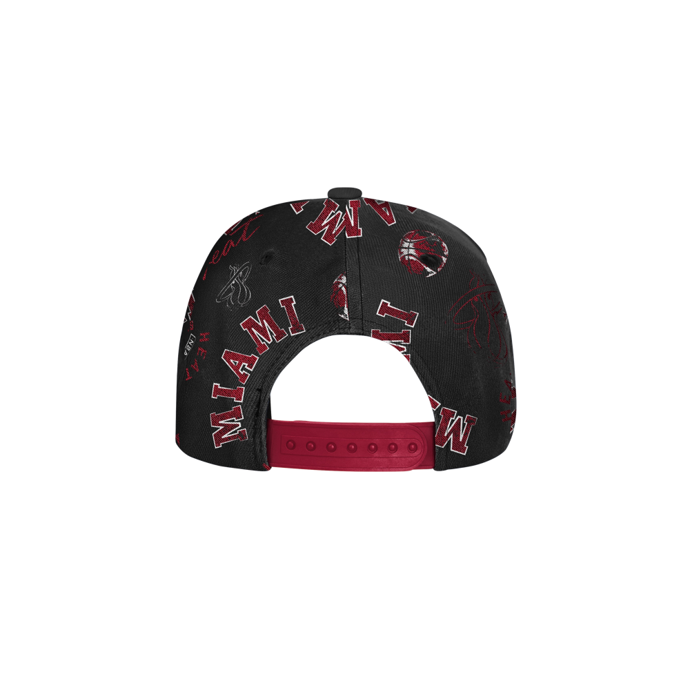 Back view of the Outerstuff Miami HEAT Youth Hoop Snapback in black with a red adjustable strap, showcasing MIAMI and basketball graphics in red and white. Made from durable polyester; one size fits most. Spot clean only.