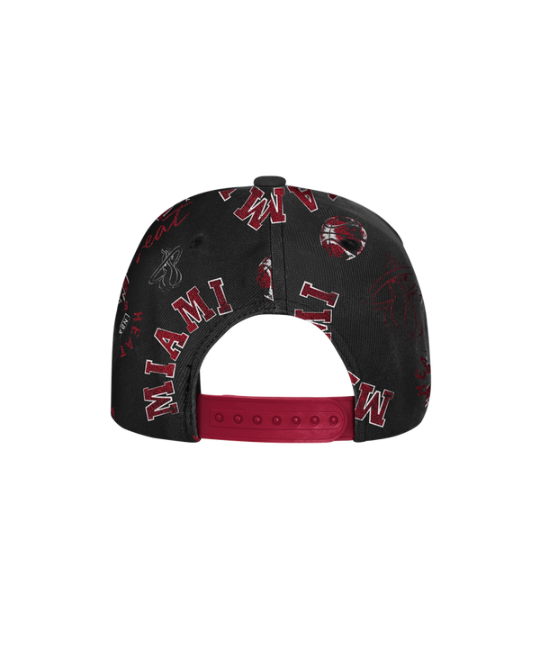 The Outerstuff Miami HEAT Youth Hoop Snapback is a white and red polyester cap with the team logo on the front, red brim, black sides, and adjustable fit. Spot clean for best care.