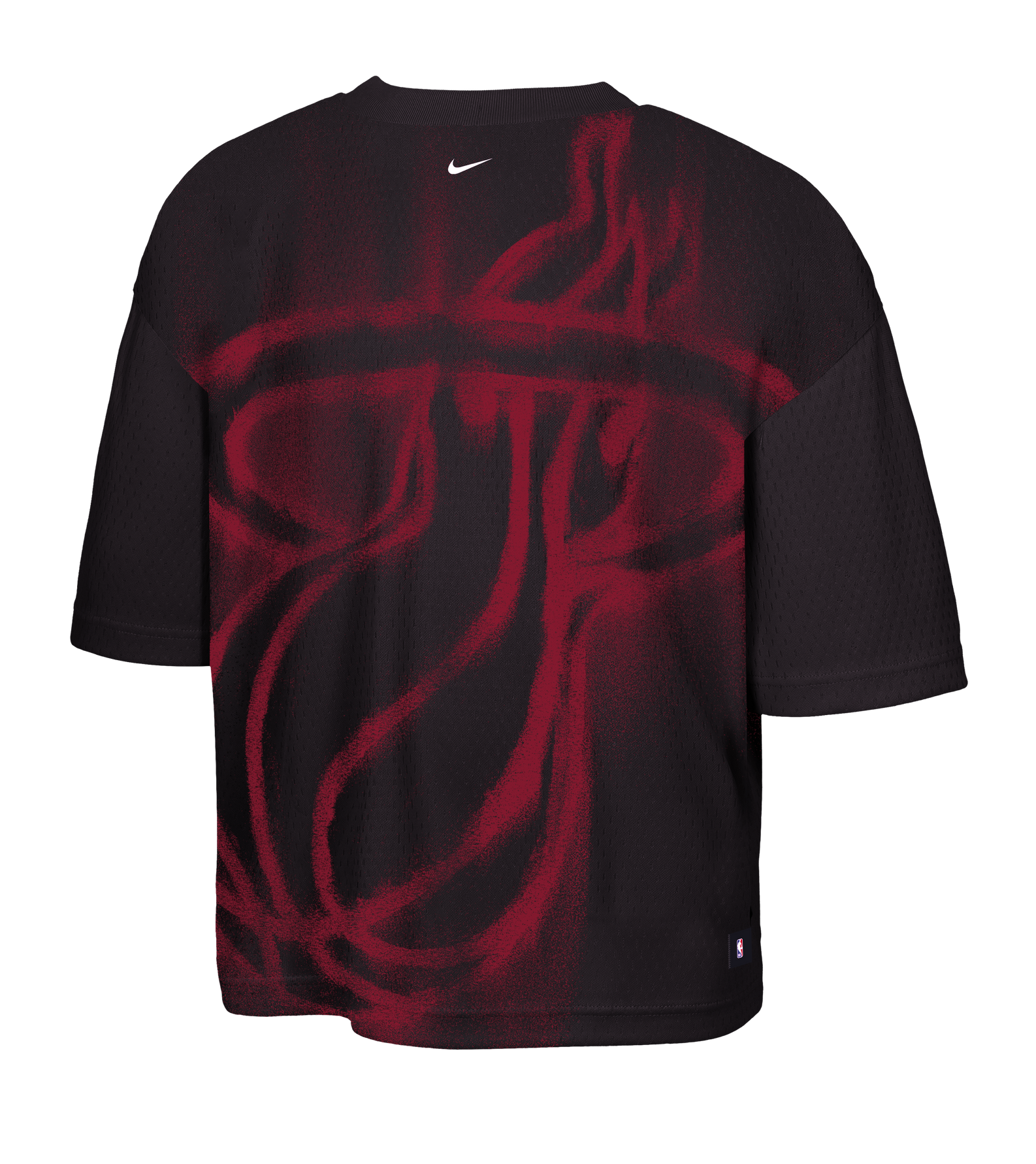 The Nike Miami HEAT Standard Issue Logo Game Youth Tee features a large red Miami Heat logo across the back with stylized brushstroke details. Crafted from soft polyester with a standard fit, this black Nike shirt delivers comfort and style for young fans. For lasting quality, tumble dry low.