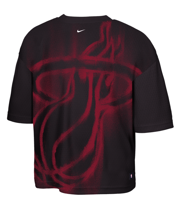 Nike Miami HEAT Standard Issue Logo Game Youth Tee by Nike displayed on a white background, featuring a small white Nike logo and text reading MADE TRUE BASKETBALL with an additional small graphic below the text. Crafted in a standard fit from soft polyester fabric, this youth tee can be tumble dried low for easy care.