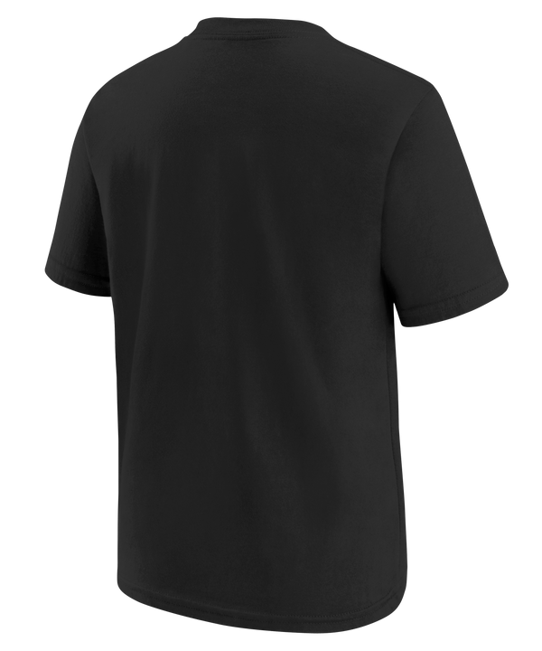 Black youth short-sleeve tee with white Nike swoosh and Miami HEAT logo on front. - Nike Miami HEAT 2025-26 On-Court Practice Youth Tee