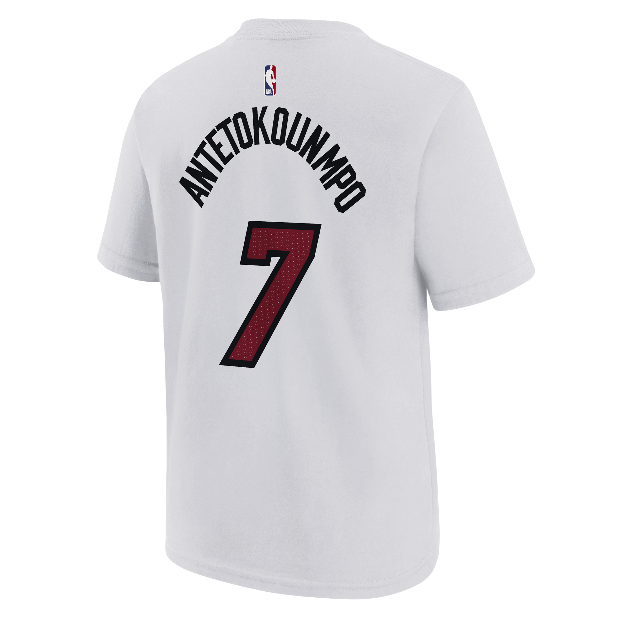 A white Nike Giannis Antetokounmpo Miami HEAT Association youth tee, made from machine washable cotton, featuring bold red and black screen-printed “ANTETOKOUNMPO” lettering and the number 7 on the back, displayed from behind.