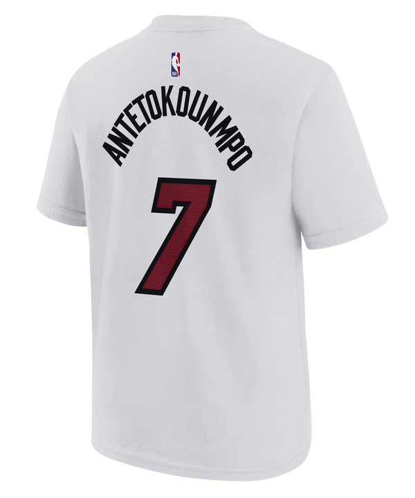 The Giannis Antetokounmpo NIKE Miami HEAT Association White Name & Number Youth Tee by Nike is a white, short-sleeve cotton t-shirt showcasing “HEAT” in bold maroon and black lettering across the chest, with a maroon number 7 underneath and a maroon Nike logo on the left shoulder. Featuring durable screen print graphics, this comfortable tee is also machine washable for easy care.