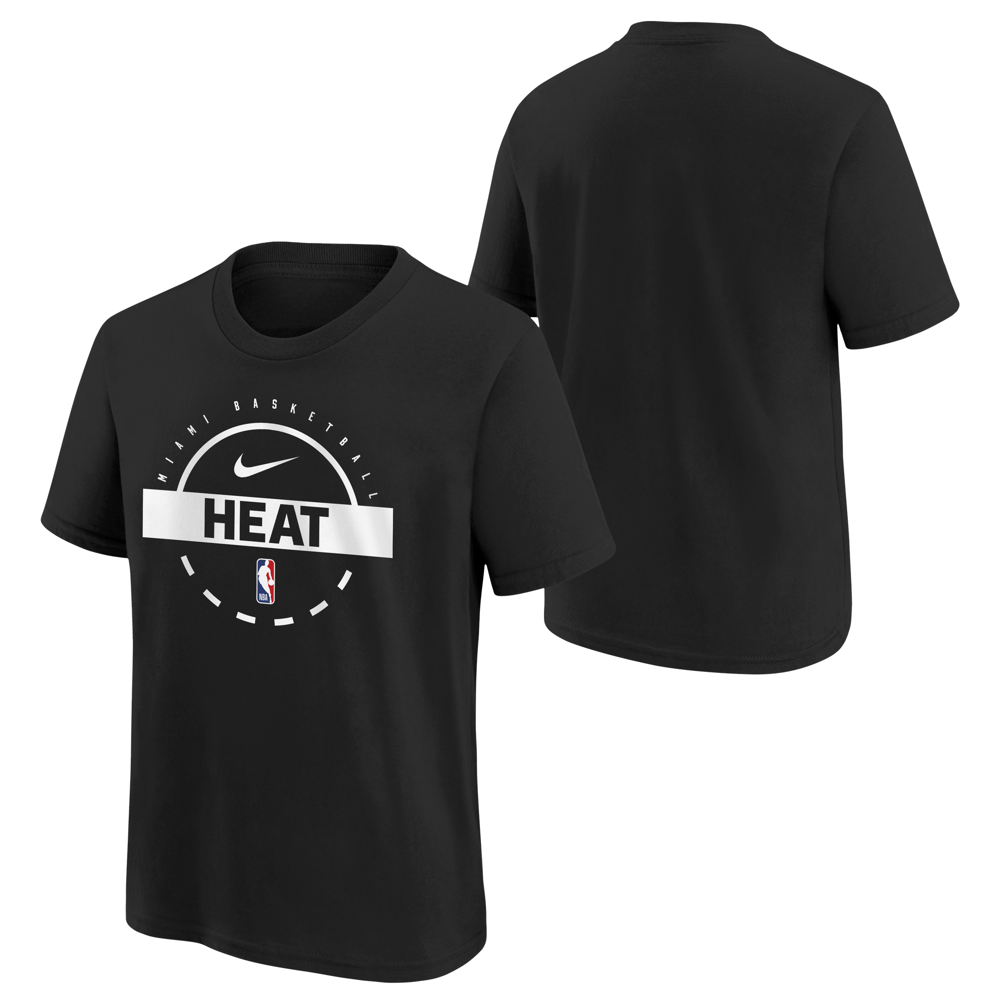 Black Nike youth tee with Miami HEAT logo, white graphic and short sleeves, front and back views. - Nike Miami HEAT 2025-26 On-Court Practice Youth Tee
