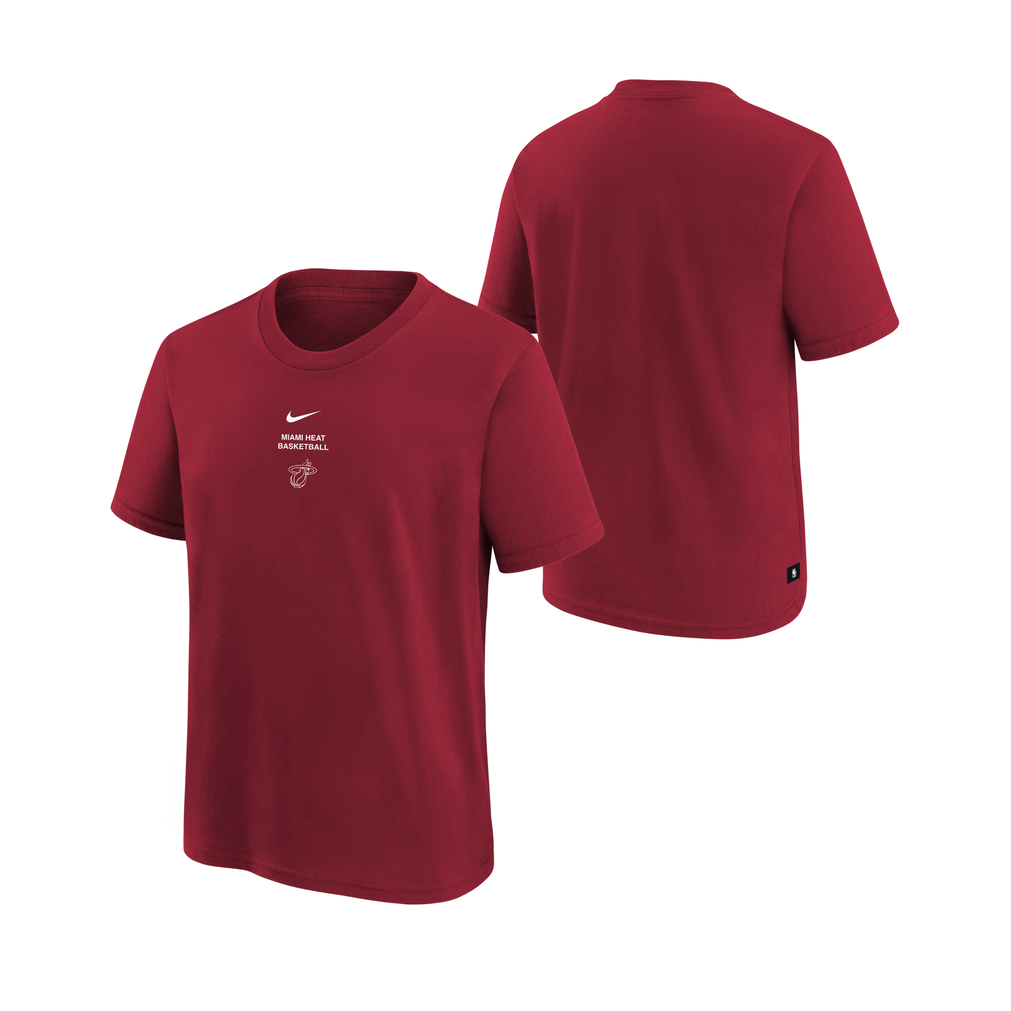 Front and back views of the Nike Miami HEAT 2026-27 Red Practice Youth Tee by Nike, featuring BASEBALL lettering and a small white emblem on the chest. This T-shirt offers a standard fit, is made from 100% cotton, and includes short sleeves with a classic crew neck design. For optimal care, machine wash on a gentle cycle.