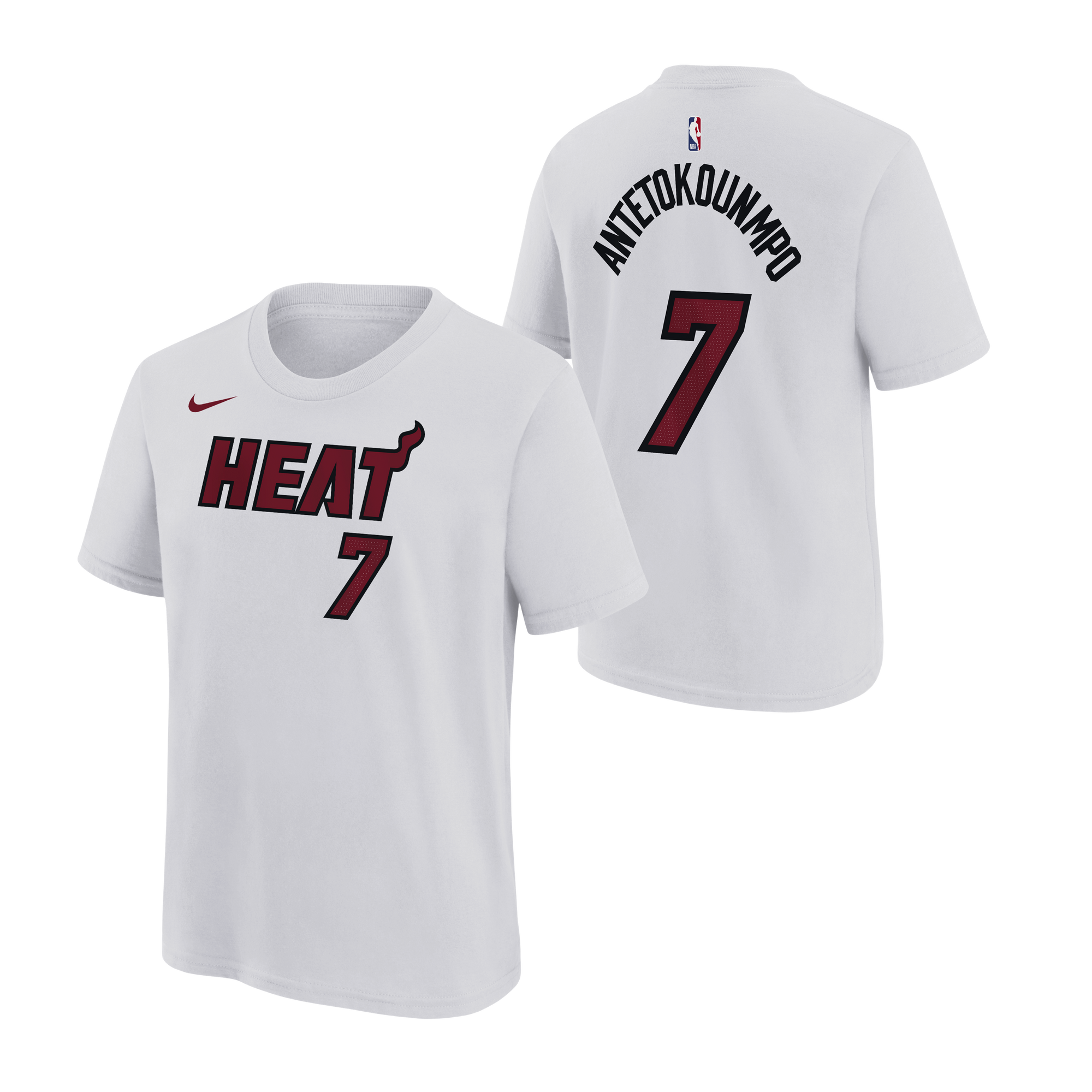 Two Giannis Antetokounmpo NIKE Miami HEAT Association White Name & Number Youth Tees by Nike, each featuring “HEAT” and the number 7 screen printed on the front, with “Antetokounmpo” arched above the number 7 on the back. Both shirts display bold graphics along with official Nike and NBA logos, and are made from cotton for comfort and easy machine washing.