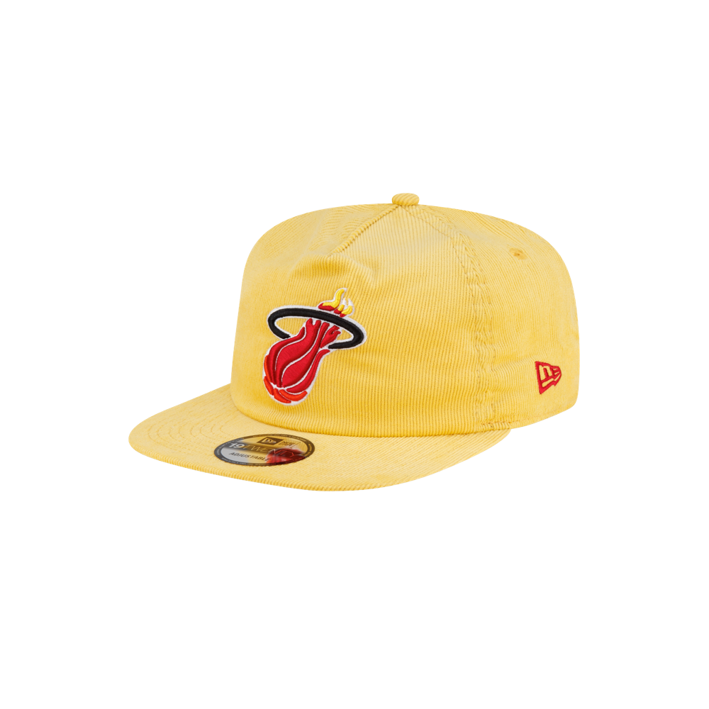 Yellow corduroy Court Culture x New Era Sunshine snapback cap featuring a Miami Heat logo on the front, a small embroidered flag on the side, and a one size fits most design.