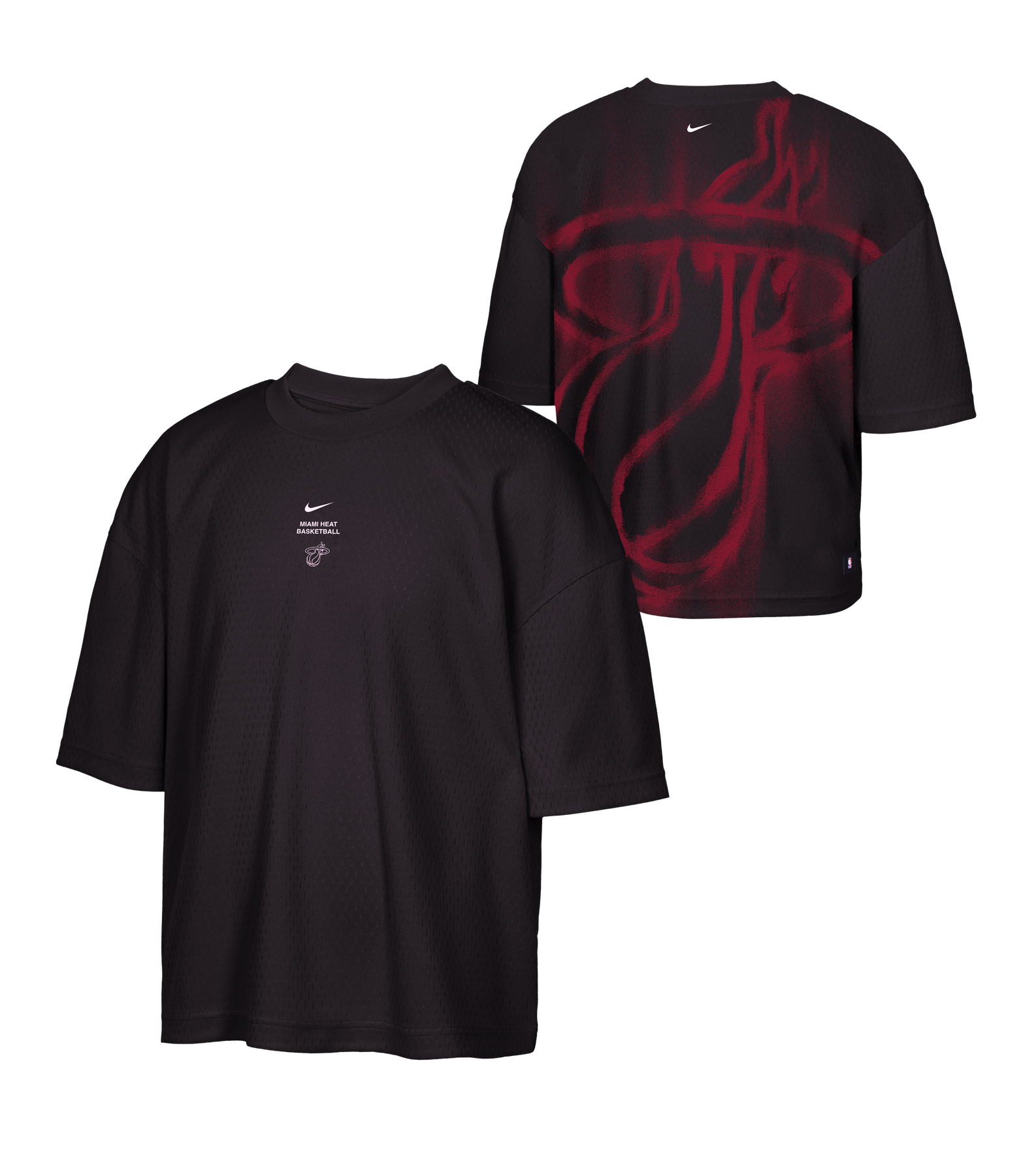 Here is a rewritten version of your sentence using the provided product data: The image displays two Nike Miami HEAT Standard Issue Logo Game Youth Tees in black. Made by Nike from soft polyester for lasting comfort and durability, these shirts feature a standard fit ideal for everyday use. The front is accented with a small white Nike logo and text, while the back showcases a bold, red stylized Miami HEAT-inspired graphic. For easy maintenance, machine wash cold and tumble dry on low.