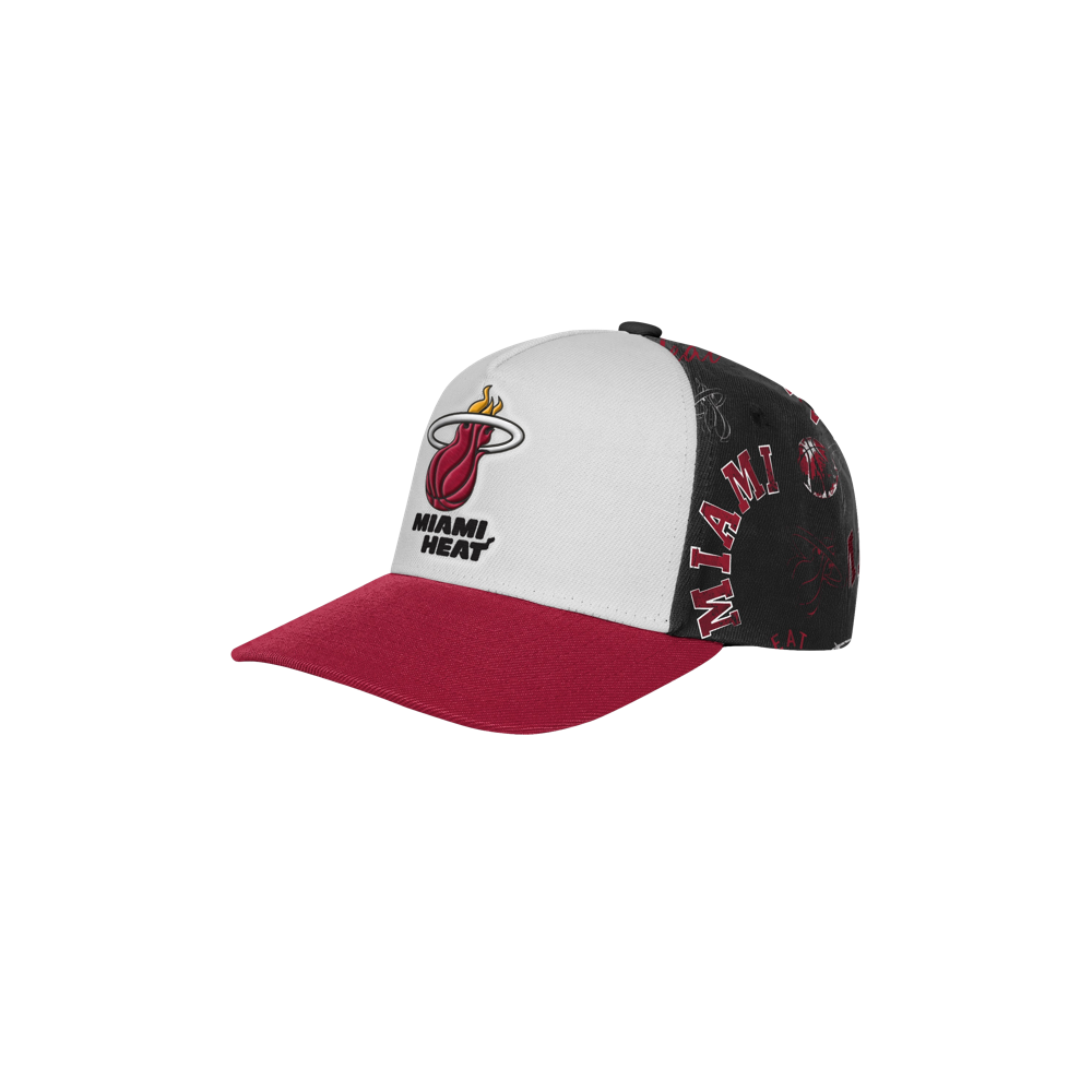 The Outerstuff Miami HEAT Youth Hoop Snapback features a white front panel, red brim, and black sides with “Miami” text and basketball graphics. Made of durable polyester with an embroidered logo, it's easy to spot clean and one size fits most.