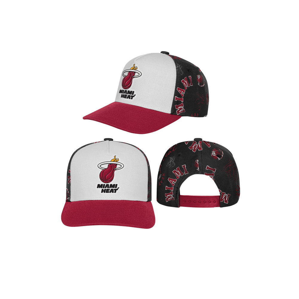 Three views of the Outerstuff Miami HEAT Youth Hoop Snapback show its white front, black sides/back, red brim, and Miami Heat logo. Features a red adjustable “Miami” strap. Polyester; one size fits most; spot clean recommended.