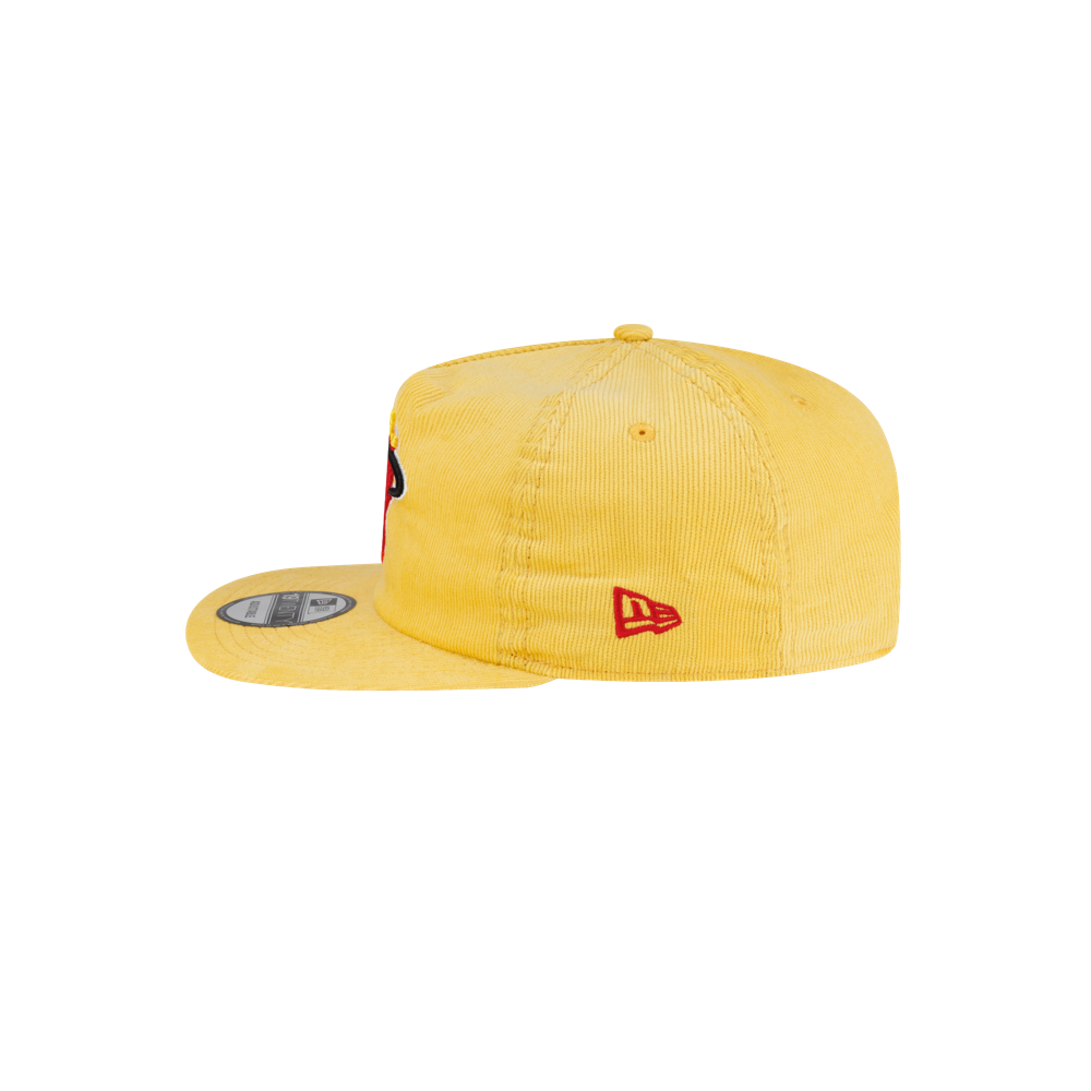 Yellow Court Culture x New Era Sunshine snapback cap with a red logo on the front and a red emblem on the side.