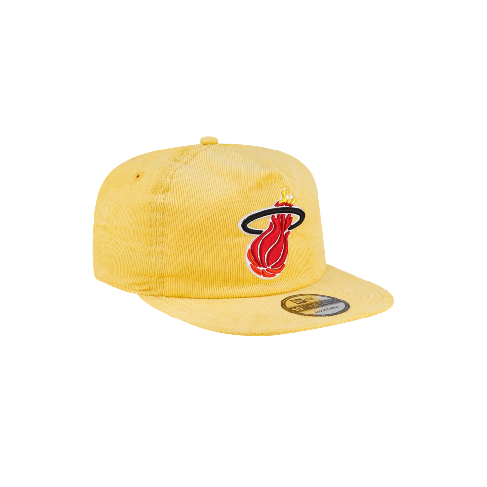 Yellow cotton Court Culture x New Era Sunshine snapback hat featuring a red and black basketball hoop-and-flame logo on the front.