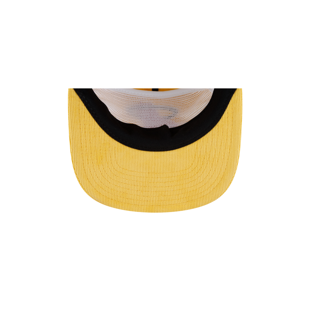 Underside of a yellow cotton Court Culture x New Era Sunshine Snapback brim showing the white mesh interior lining.