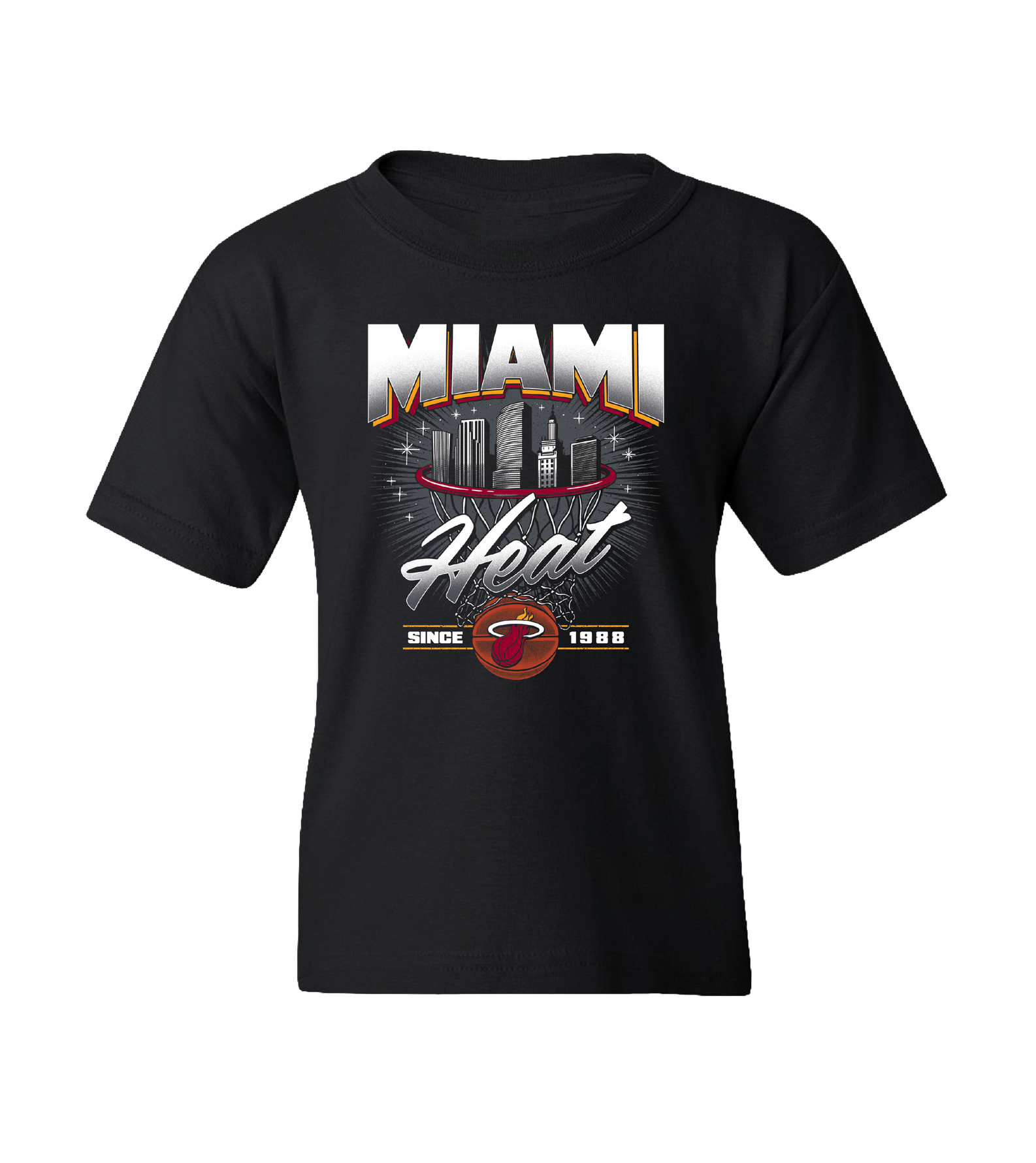 The Miami HEAT Youth Retro Net Tee by Item Of The Game is a black cotton t-shirt with MIAMI Heat text, city skyline, flaming basketball logo, and Since 1988 on the front. It’s machine washable and standard fit—perfect for any young Heat fan.