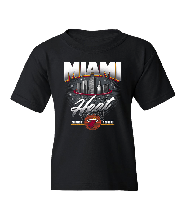 The Miami HEAT Youth Retro Net Tee by Item Of The Game is a black cotton t-shirt with MIAMI Heat text, city skyline, flaming basketball logo, and Since 1988 on the front. It’s machine washable and standard fit—perfect for any young Heat fan.