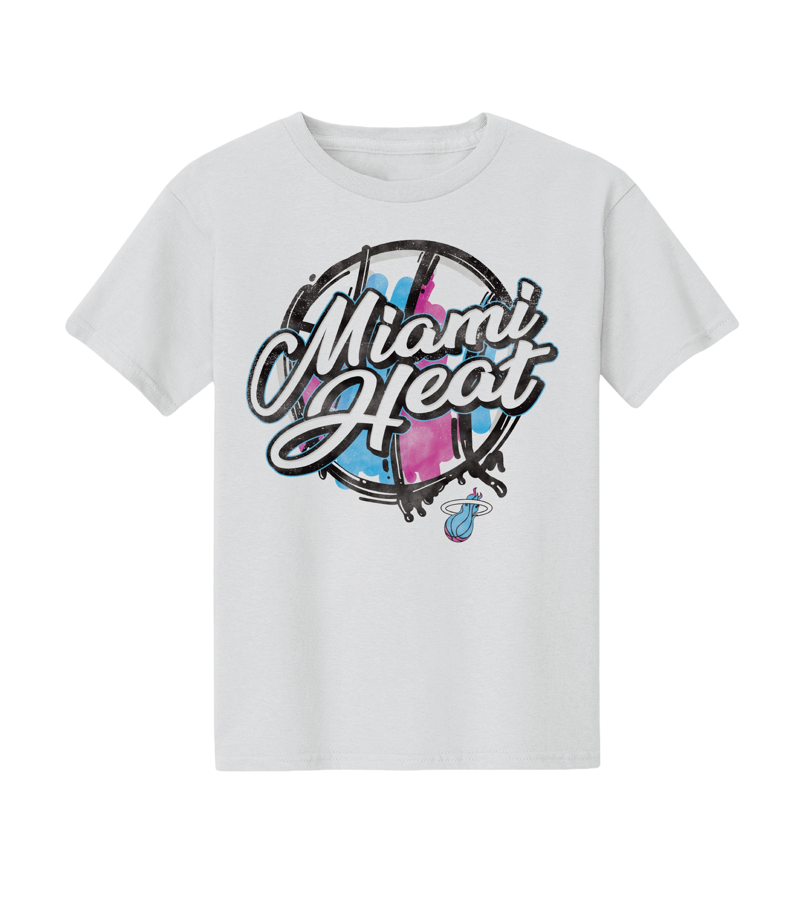 The Miami HEAT Original Vice Nights White Youth Tee by Item Of The Game features a bold Miami Heat script, circular pink, blue, and black design, plus a small flaming basketball. Standard fit; machine wash cold for easy care.
