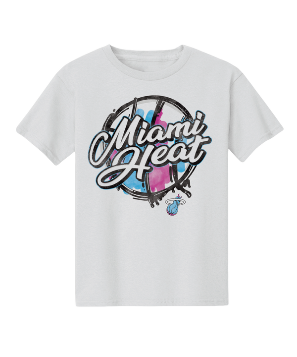 The Miami HEAT Original Vice Nights White Youth Tee by Item Of The Game features a bold Miami Heat script, circular pink, blue, and black design, plus a small flaming basketball. Standard fit; machine wash cold for easy care.