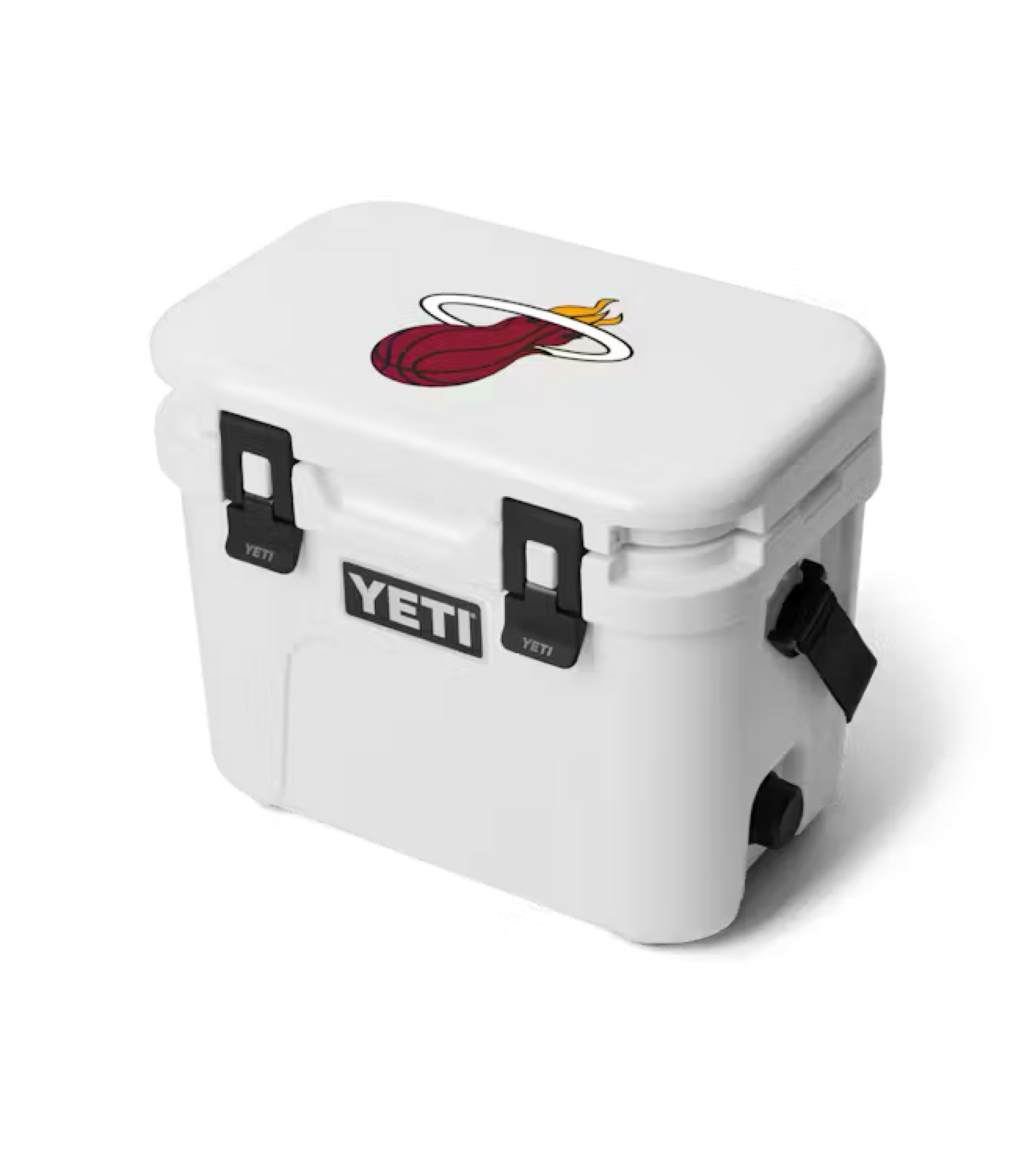The Yeti Miami HEAT Roadie® 15 Cooler is a white insulated cooler with black latches and the Miami Heat logo on the lid, displayed against a plain white background.