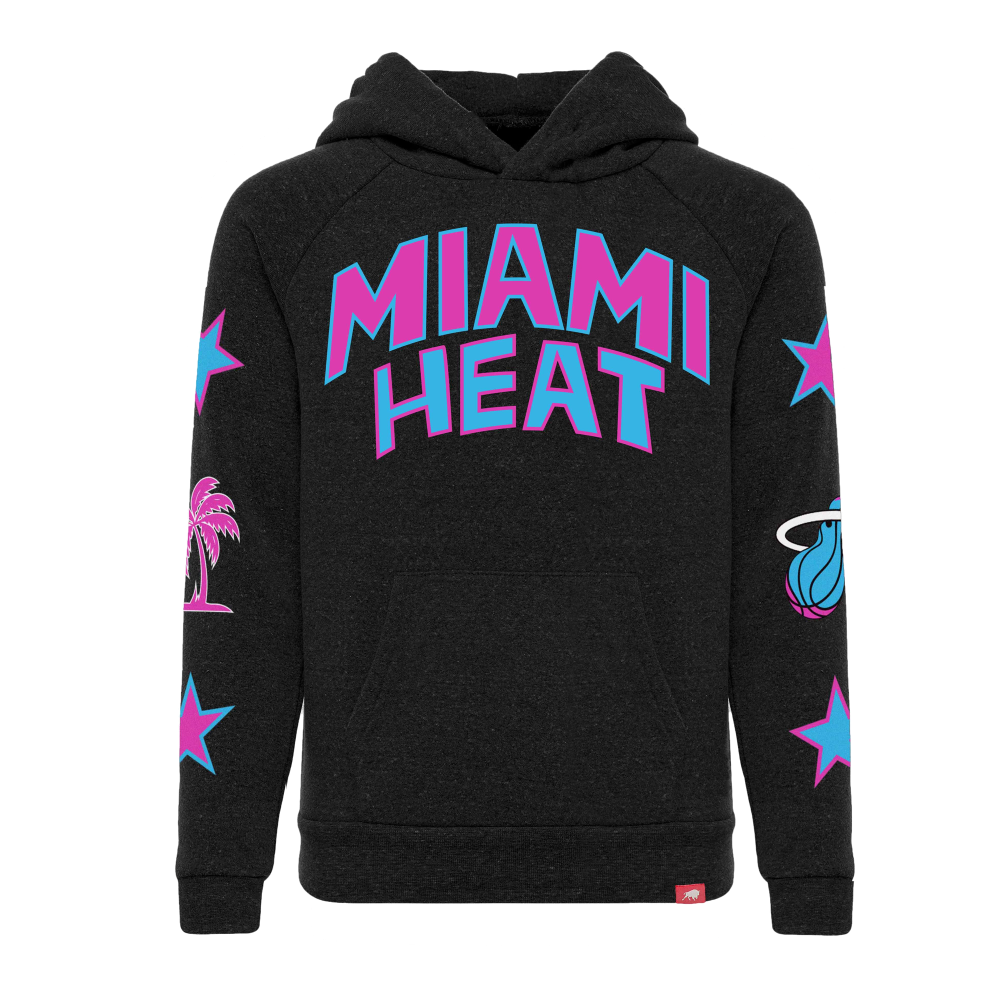 The Sportiqe Miami HEAT Original Vice Nights Star Youth Hoodie features bold pink and blue MIAMI HEAT text, blue and pink stars on the sleeves, a pink palm tree, and the team flaming basketball logo. Standard fit; machine wash cold.