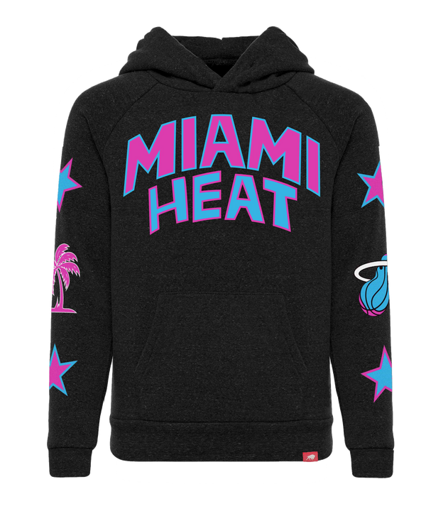 The Sportiqe Miami HEAT Original Vice Nights Star Youth Hoodie features bold pink and blue MIAMI HEAT text, blue and pink stars on the sleeves, a pink palm tree, and the team flaming basketball logo. Standard fit; machine wash cold.