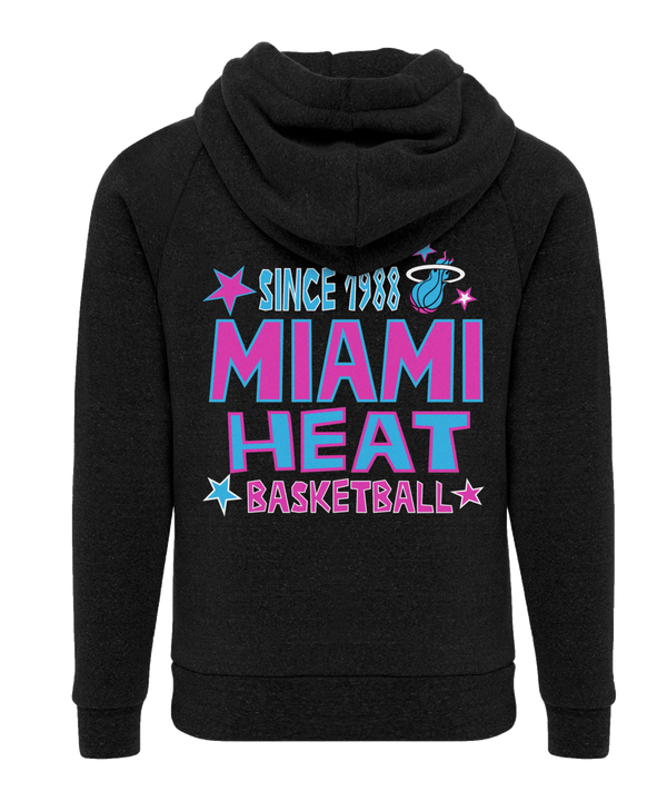 The Sportiqe Miami HEAT Original Vice Nights Star Youth Hoodie features bold pink and blue MIAMI HEAT text, blue and pink stars on the sleeves, a pink palm tree, and the team flaming basketball logo. Standard fit; machine wash cold.